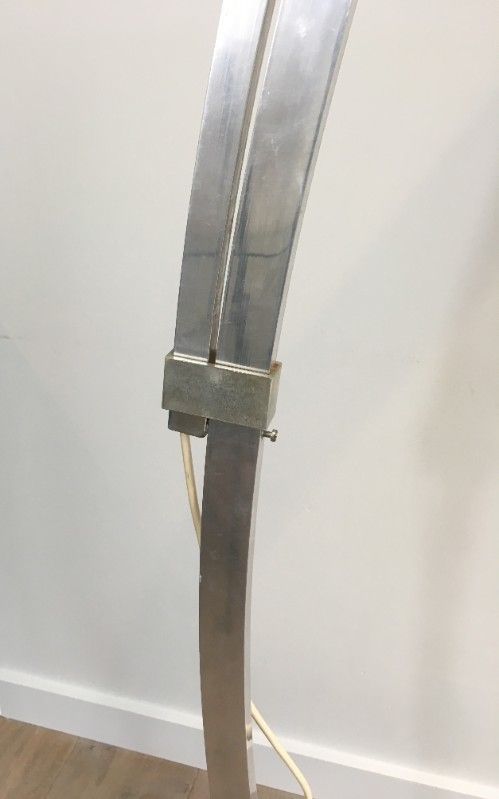Rare Arco Style Floor Lamp In Brushed Aluminium, Conical White Plastic Reflector And Square Marble Base. French. Circa 1970 photo vintage