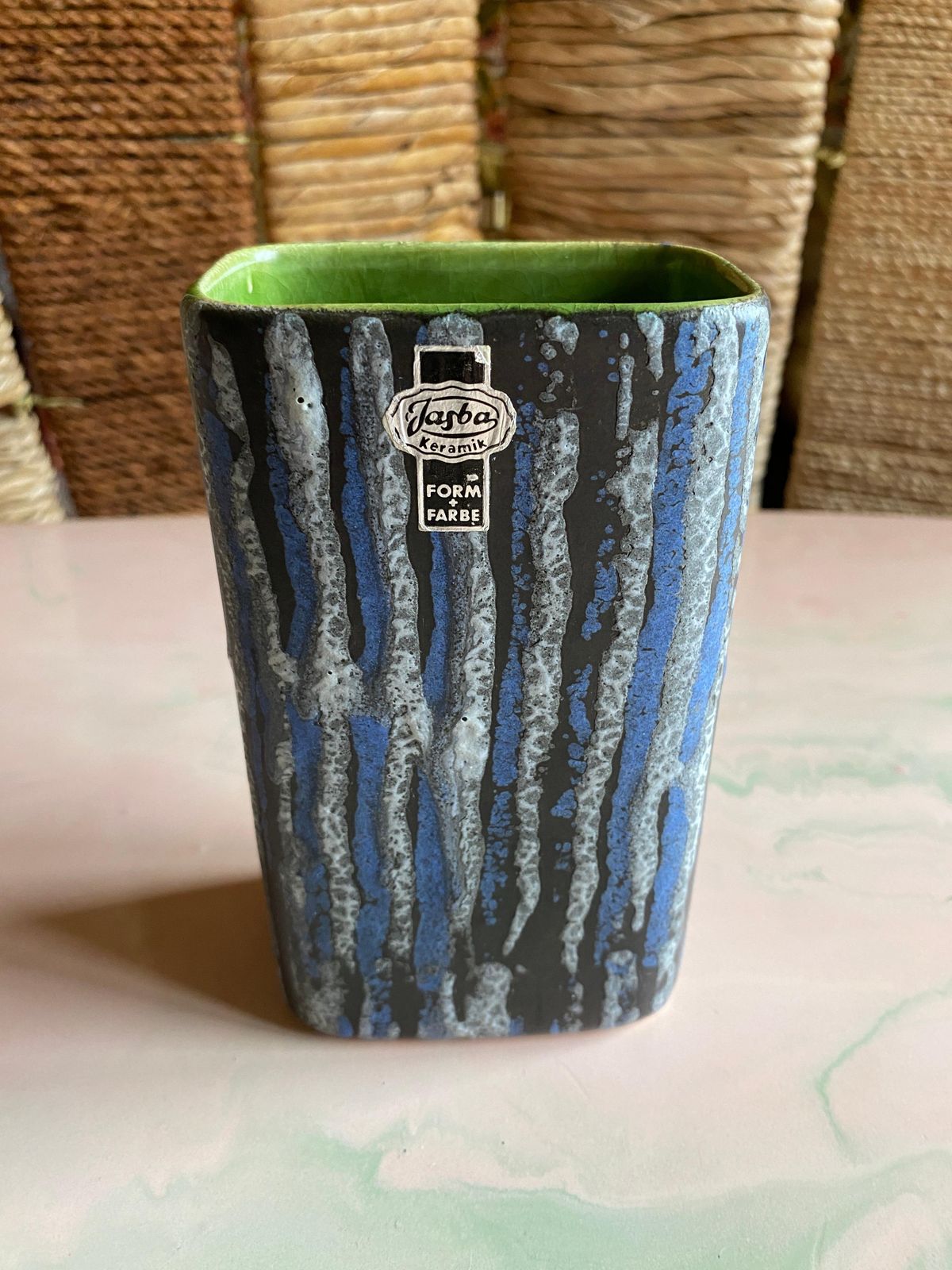 Midcentury Modern Blue And White Striped Fat Lava Stoneware Vase By Jasba, 1960s photo for sale