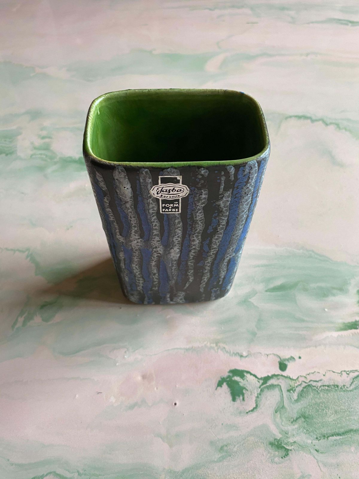 Midcentury Modern Blue And White Striped Fat Lava Stoneware Vase By Jasba, 1960s photo Home Decor
