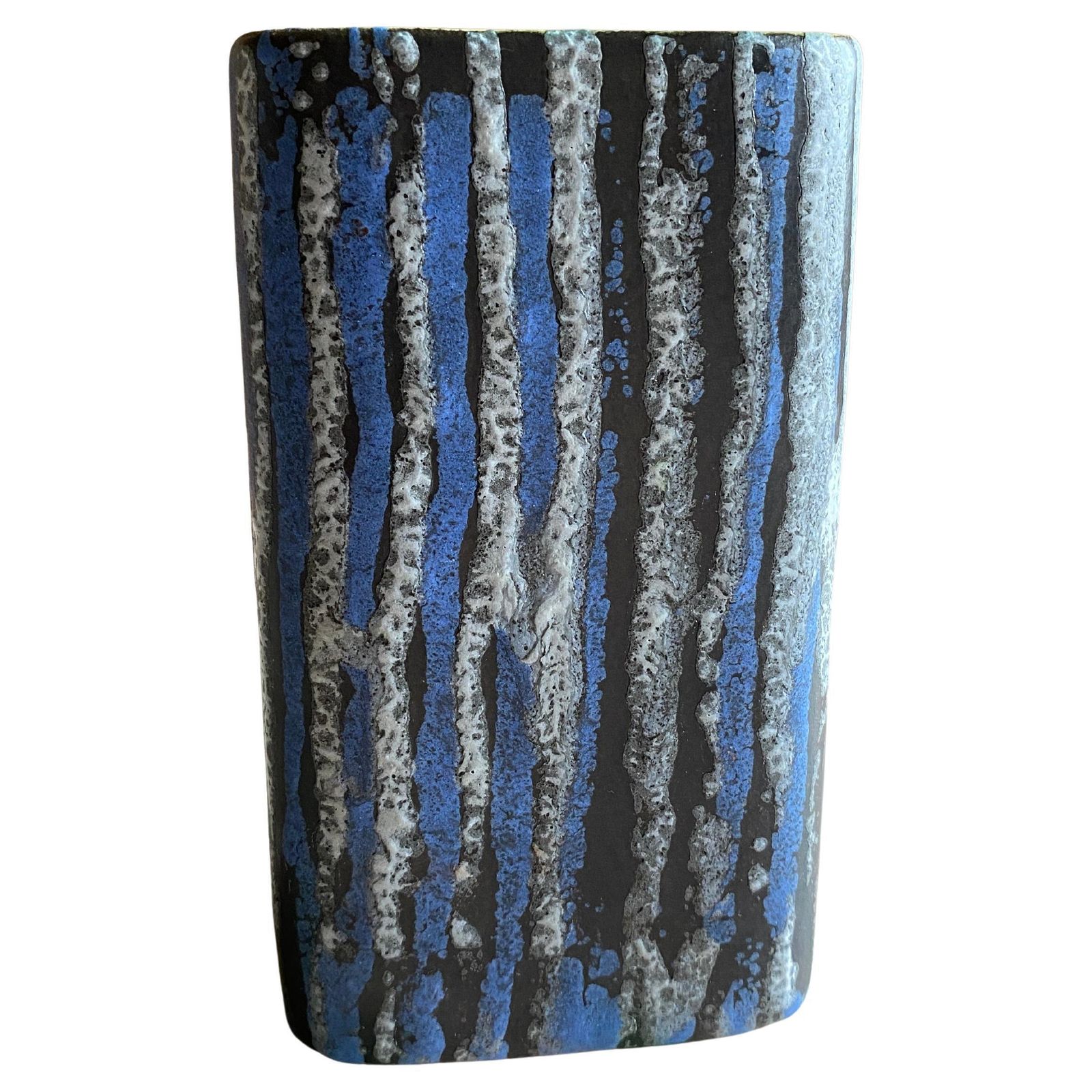 Home Decor Midcentury Modern Blue And White Striped Fat Lava Stoneware Vase By Jasba, 1960s photo
