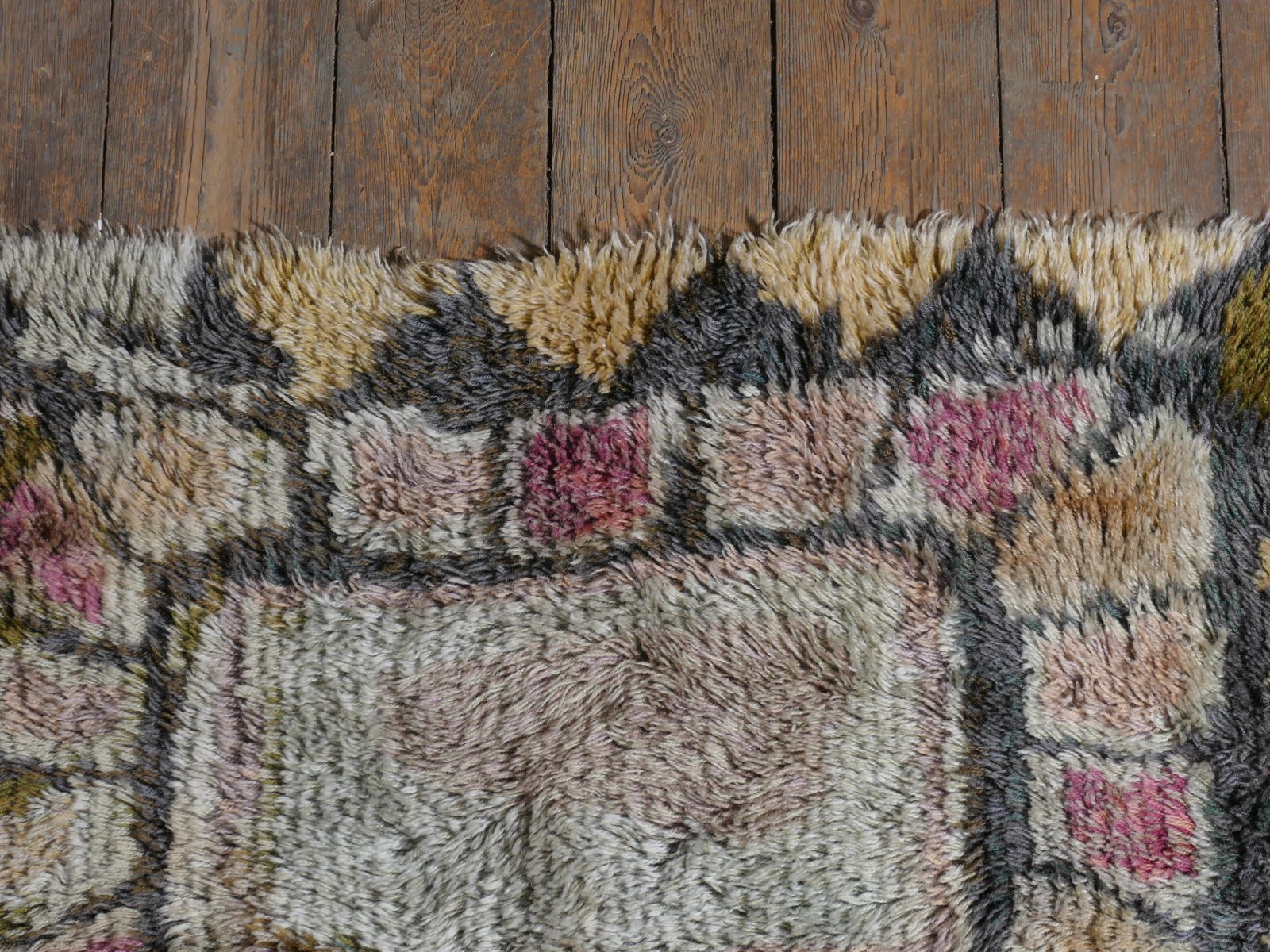 Textiles Scandinavian Modern High Pile Geometric Handmade Wool Rya Rug, Sweden 1960s photo
