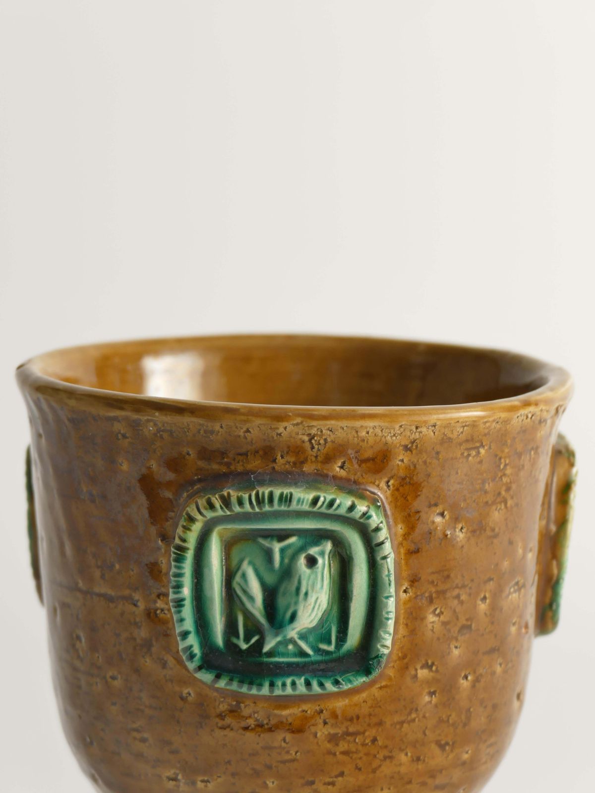 photo for sale Mustard Brown Stoneware Vase With Celadon Green Birds By Aldo Londi For Bitossi