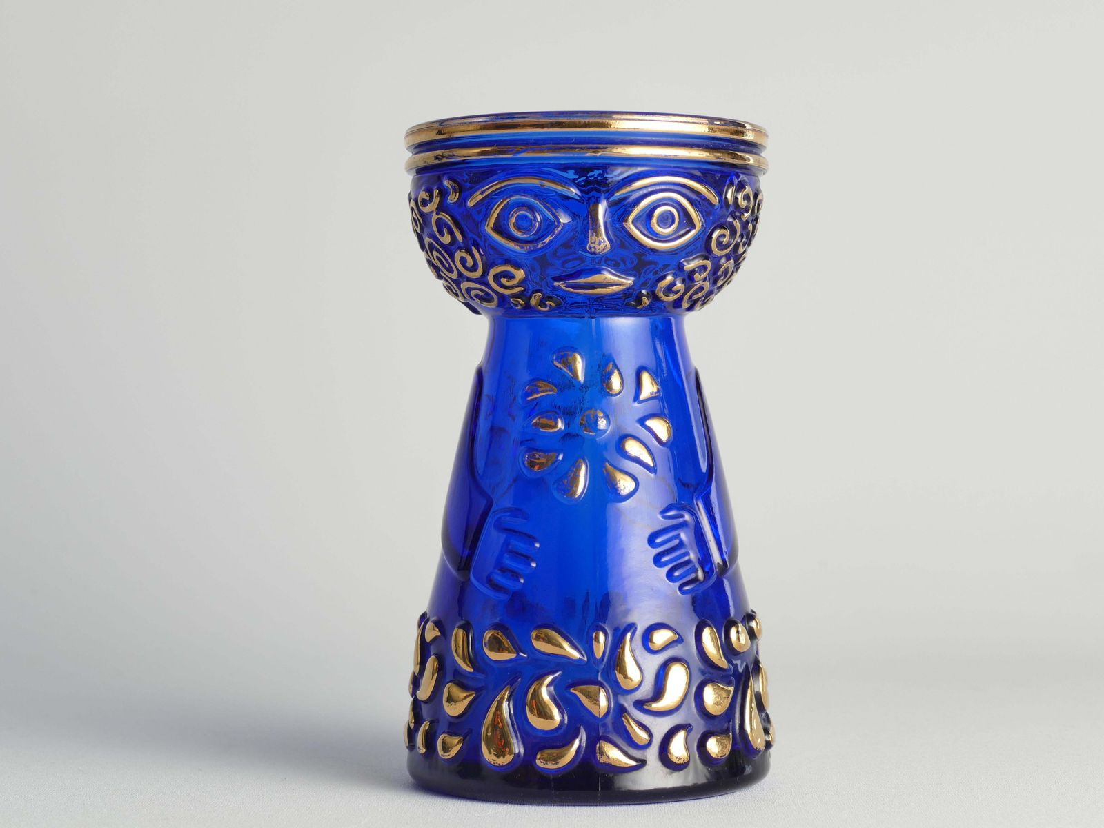 Mid Century Modern Cobalt Blue And Gold Glass Hyacinth Vase By Walther Glas photo for sale
