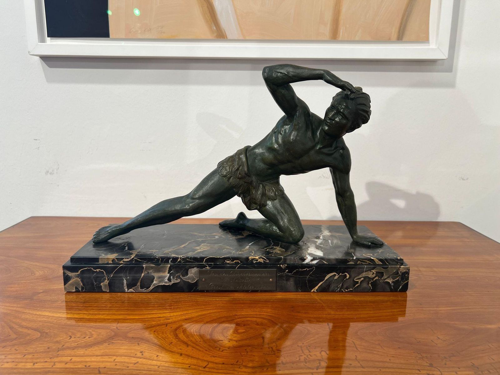Art Deco Male Sculpture, Bronze, Marble, France Circa 1930 photo for sale