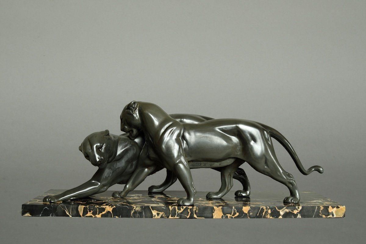 Art Deco Pair Of Panthers, Signed Plagnet, Spelter, Marble, France Circa 1930 photo vinterior