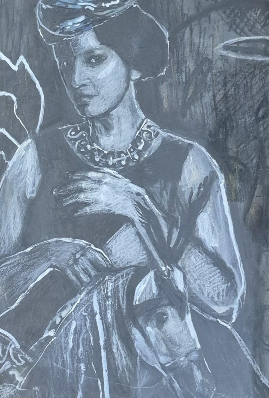 Zofia Anna Misiakmarusza And Horse. Mixed Media Drawing, Black And White, Polish Artist2020