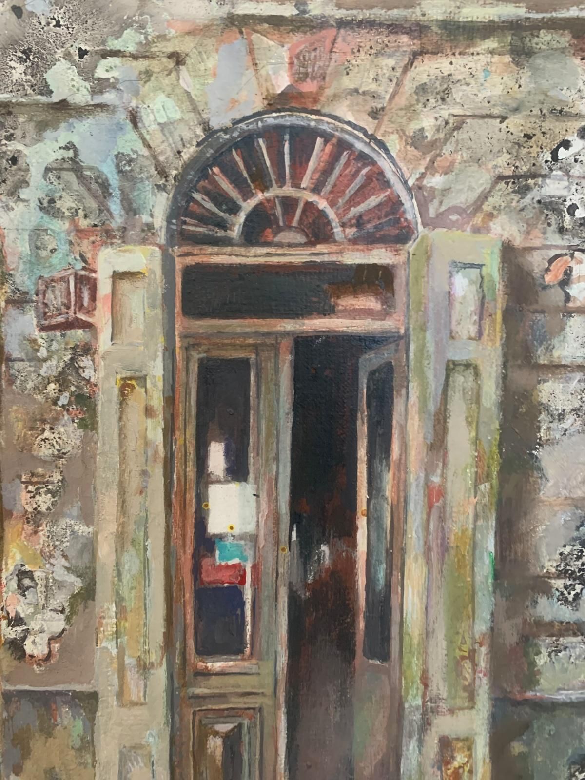 Janusz Mulaka Yard. Contemporary Figurative Oil & Acrylic Painting, Architecture, Polish Art2010 photo for sale