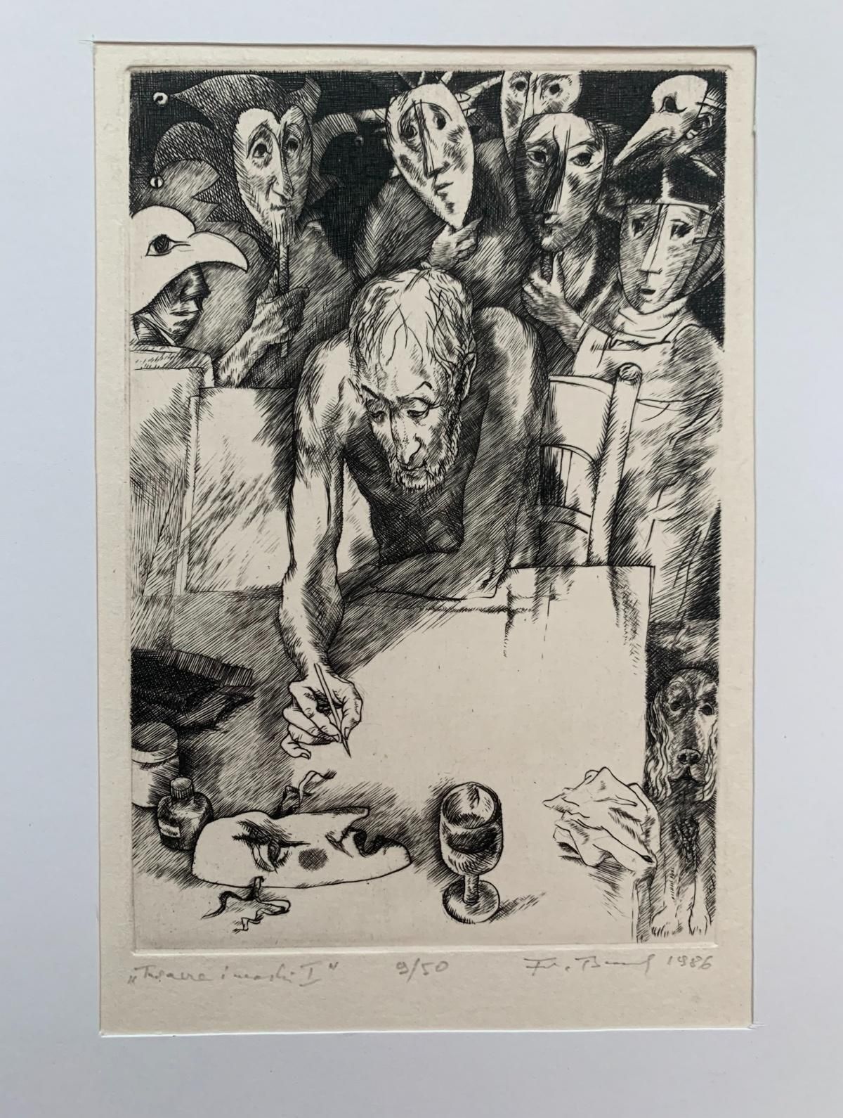 Franciszek Bunschfaces And Masks. Black And White Print, Figurative, Polish Artist1986 photo furniture