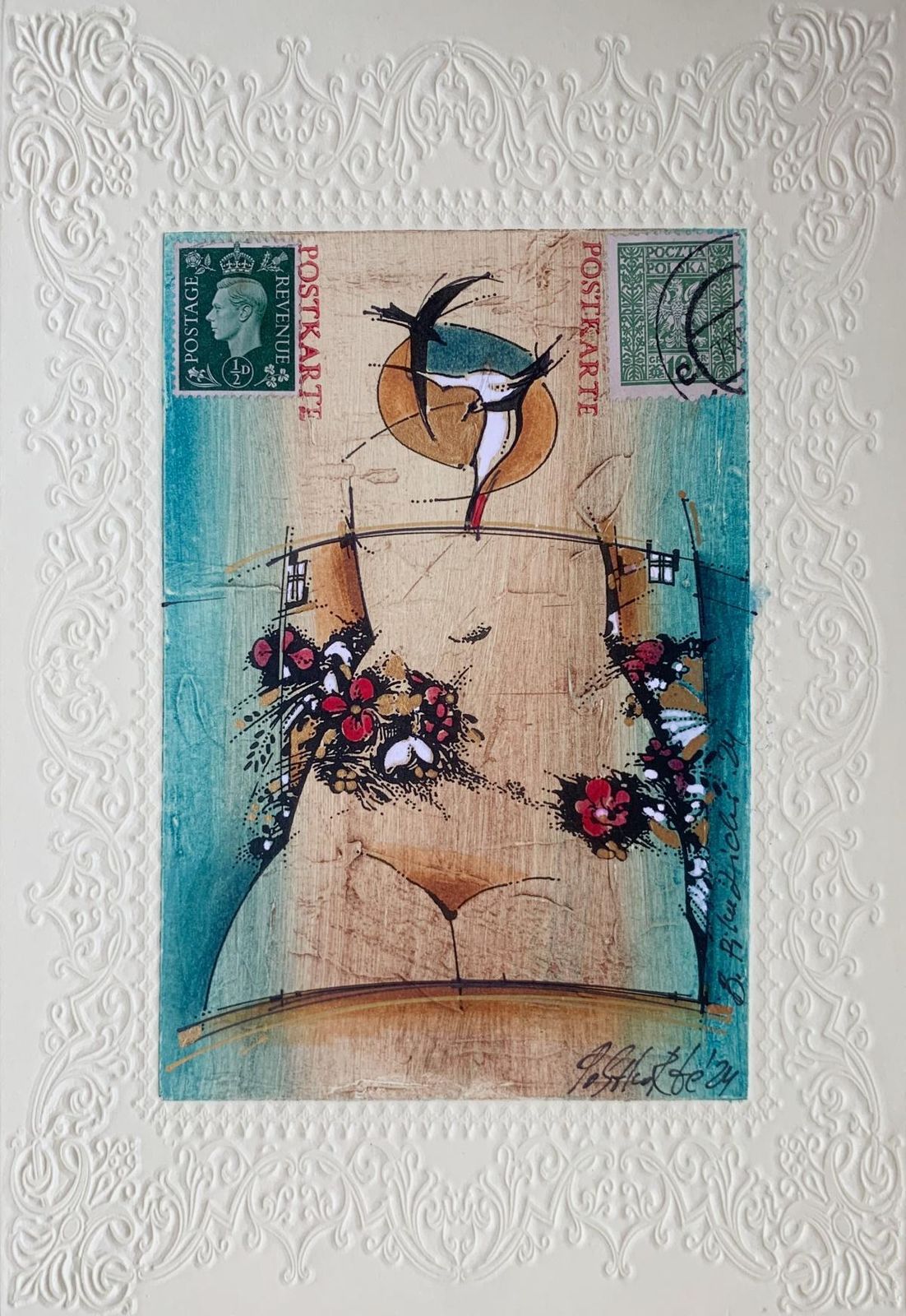 Bogdan Pikulickia Nude. Contemporary Print, Colorful, Embossed, Post Stamp, European Artist2024