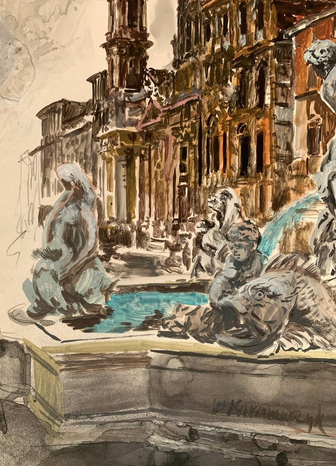 Włodzimierz Karczmarzykrome, Navona Square. Acrylic On Paper, Architecture, Classic, Polish Artist1989 photo 858.0