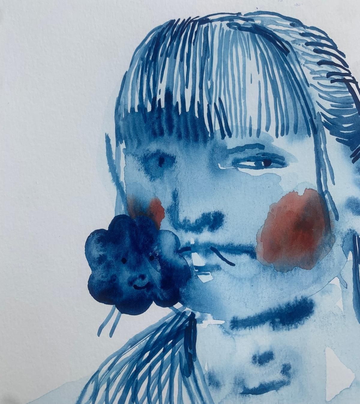 Hanna Ilczyszyngirl With A Flower. Monochromatic Figurative Watercolor Drawing, Polish Art2022 photo for sale