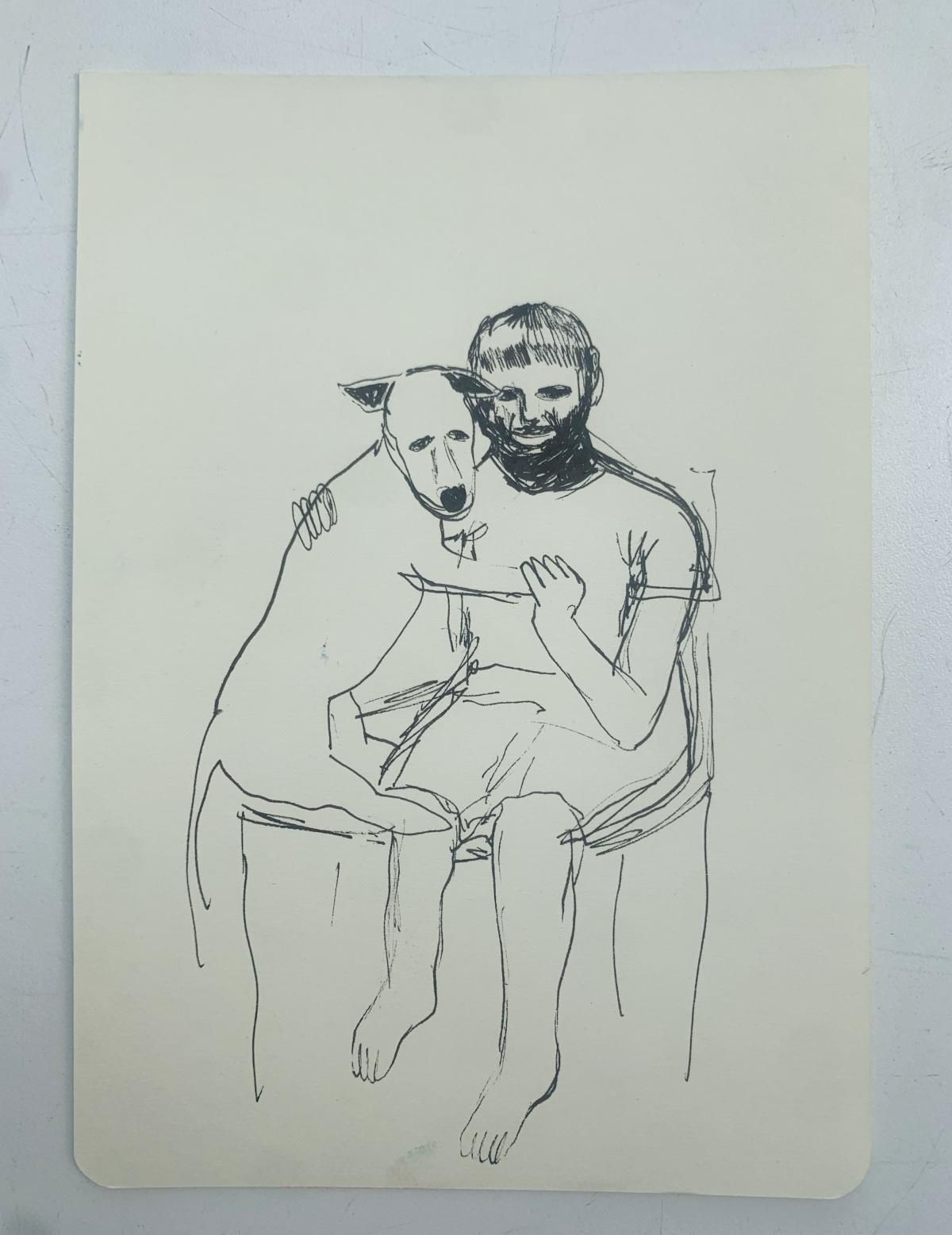 Hanna Ilczyszynboy With A Dog. Figurative Ink Drawing, Minimalistic, Polish Art2023 photo Art