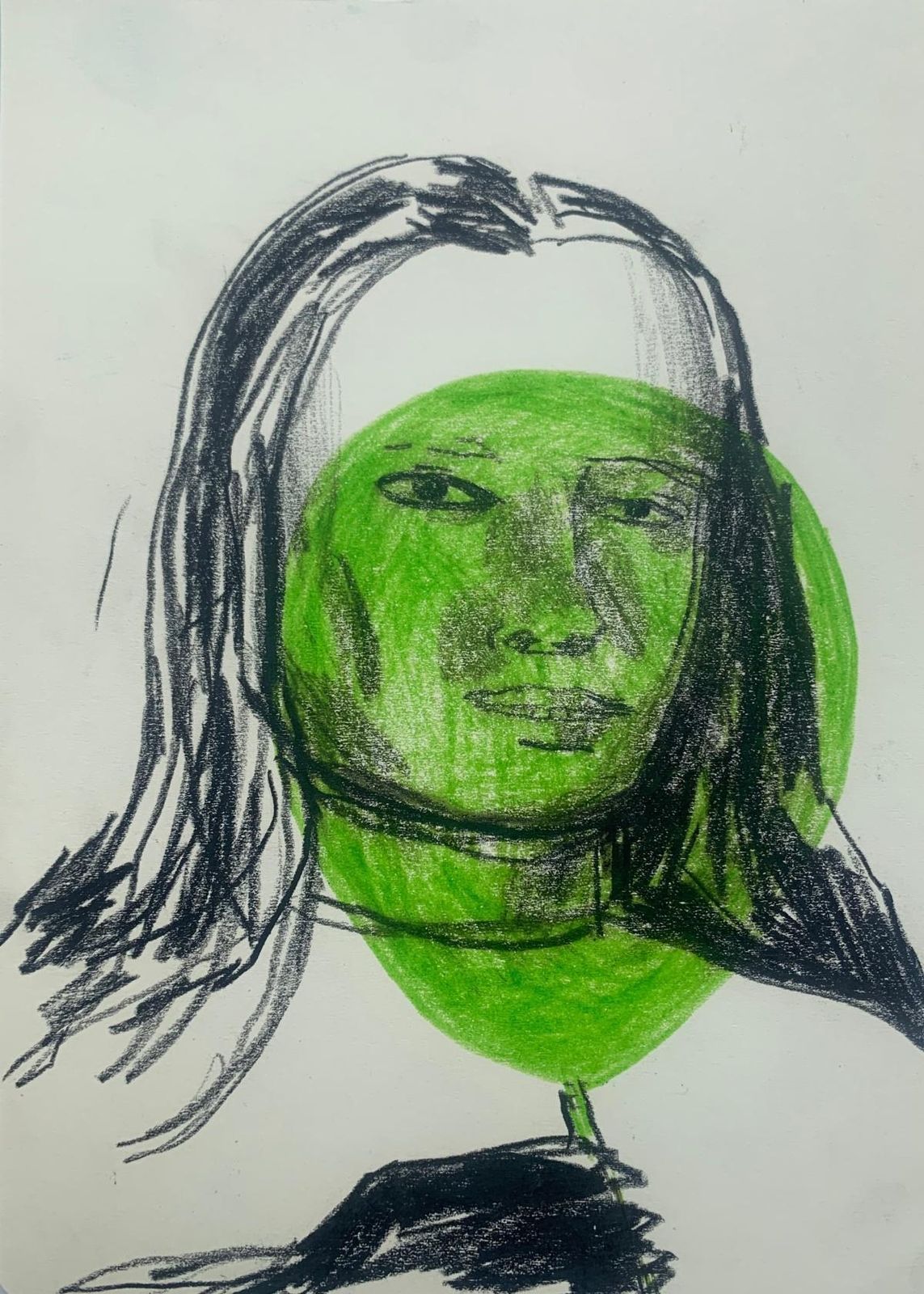 Hanna Ilczyszyngirl With A Baloon. Figurative Ink And Crayons Drawing, Polish Art2024