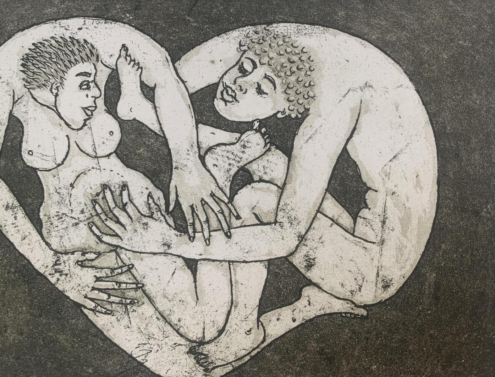 Czeslaw Tumielewiczin A Heart. Figurative Etching Print, Black & White, Nude, Romantic, Polish Art2007 photo for sale