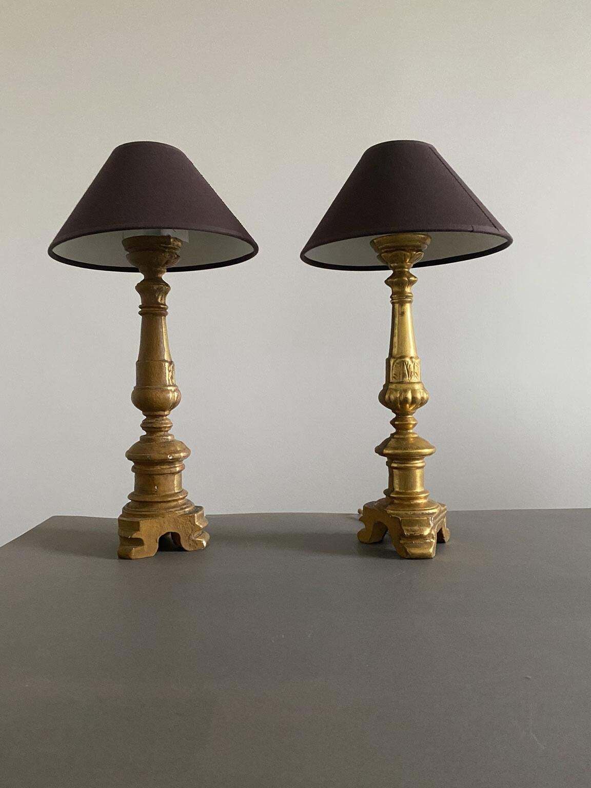 Italy Late 19th Century Pair Baroque Gilded Wooden Table Lamps photo for sale