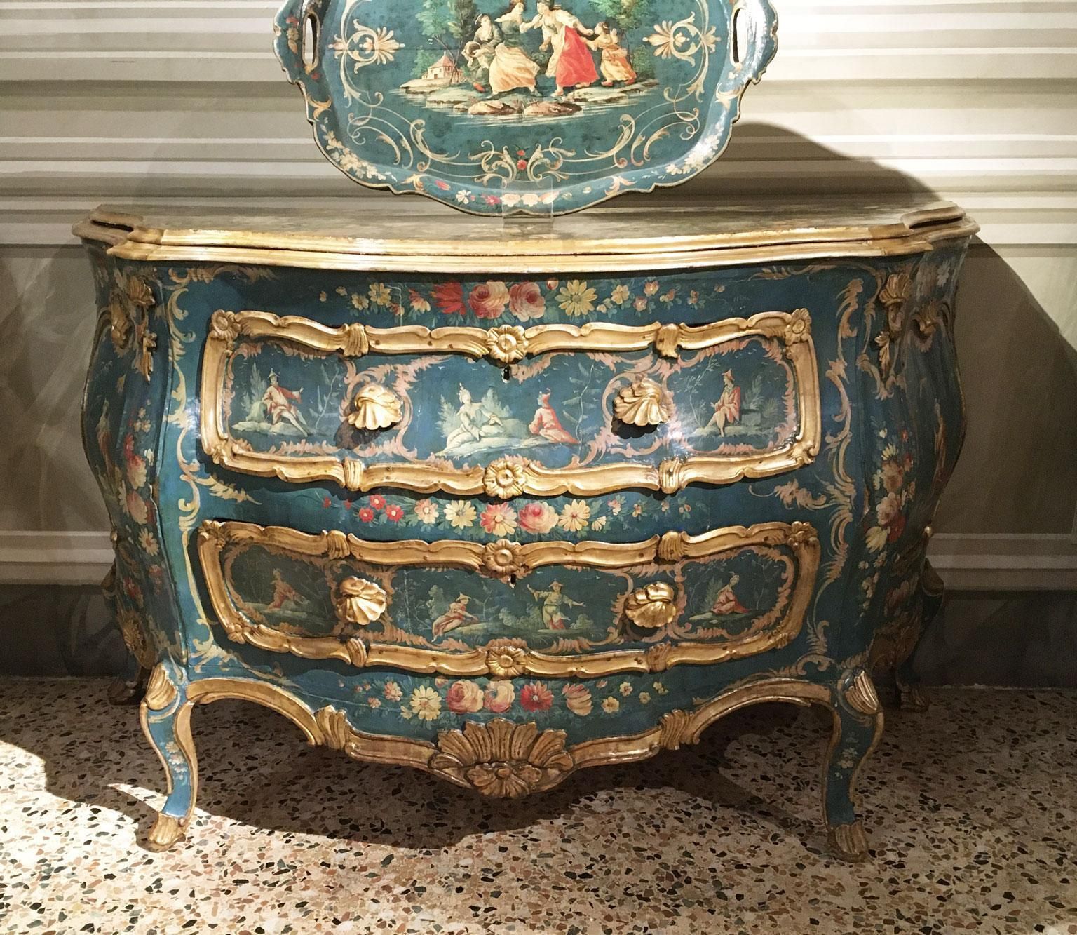 1750 Venezia Italy Blue And Green Lacquered Wooden Engraved Commode With Flowers photo furniture