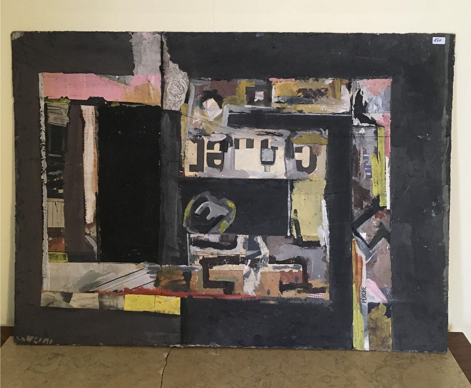 1962 Italy Abstract Painting And Paper Collage By Ermete Lancini photo furniture
