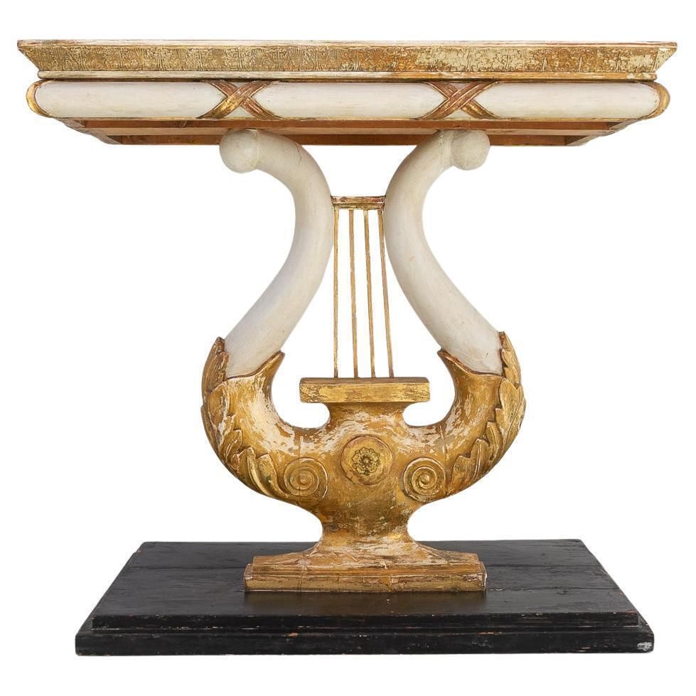 Swedish Gustavian Giltwood Console Table With Lyre And Marble Top, 1800s.