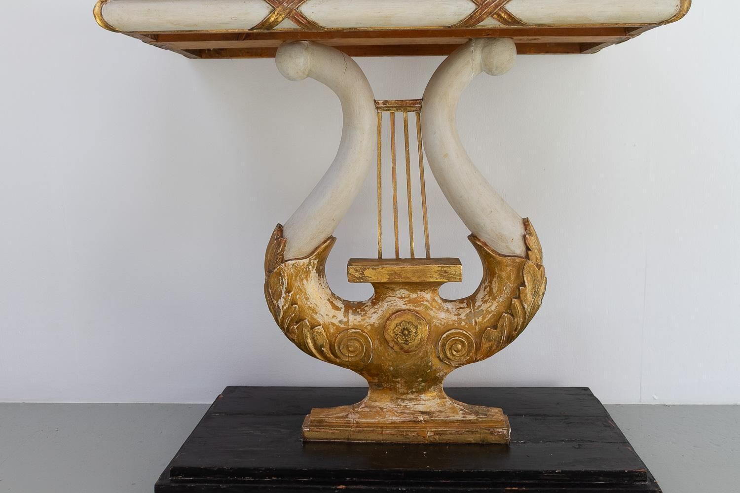 photo furniture Swedish Gustavian Giltwood Console Table With Lyre And Marble Top, 1800s.