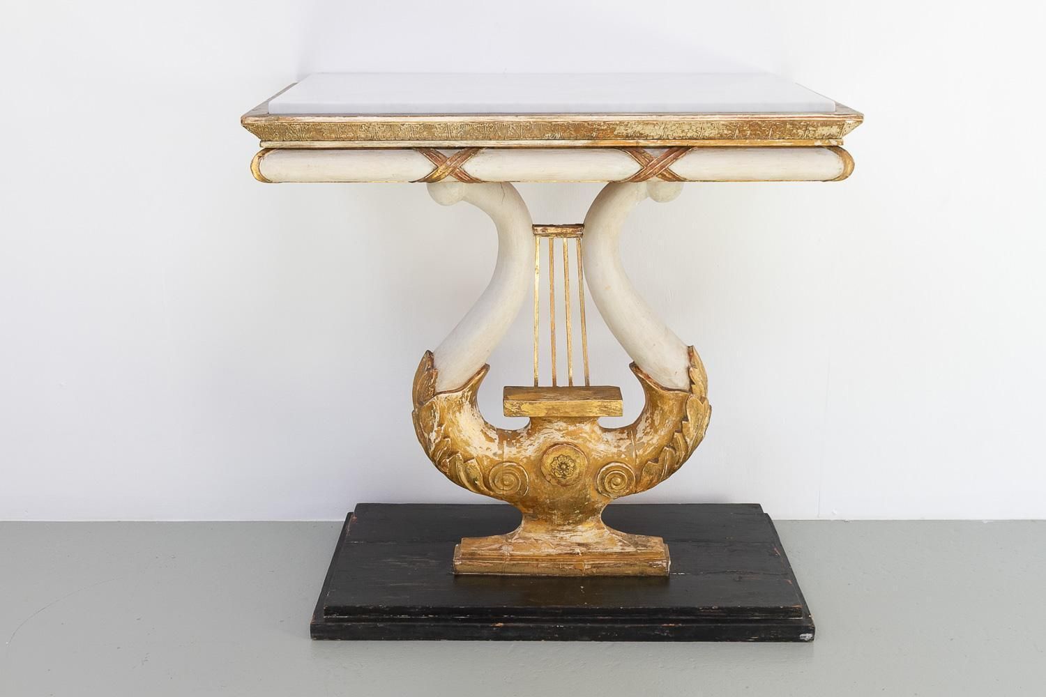photo vinterior Swedish Gustavian Giltwood Console Table With Lyre And Marble Top, 1800s.