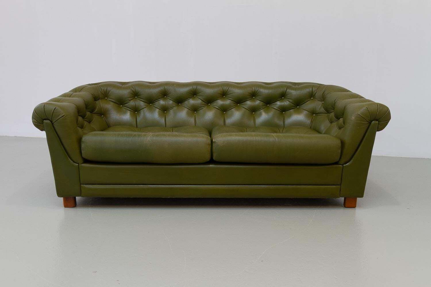 Vintage Swedish Green Leather Chesterfield Sofa, 1970s. photo furniture