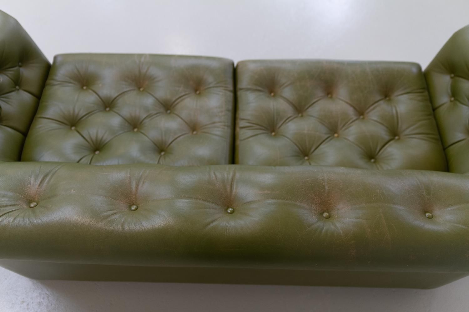 photo furniture Vintage Swedish Green Leather Chesterfield Sofa, 1970s.