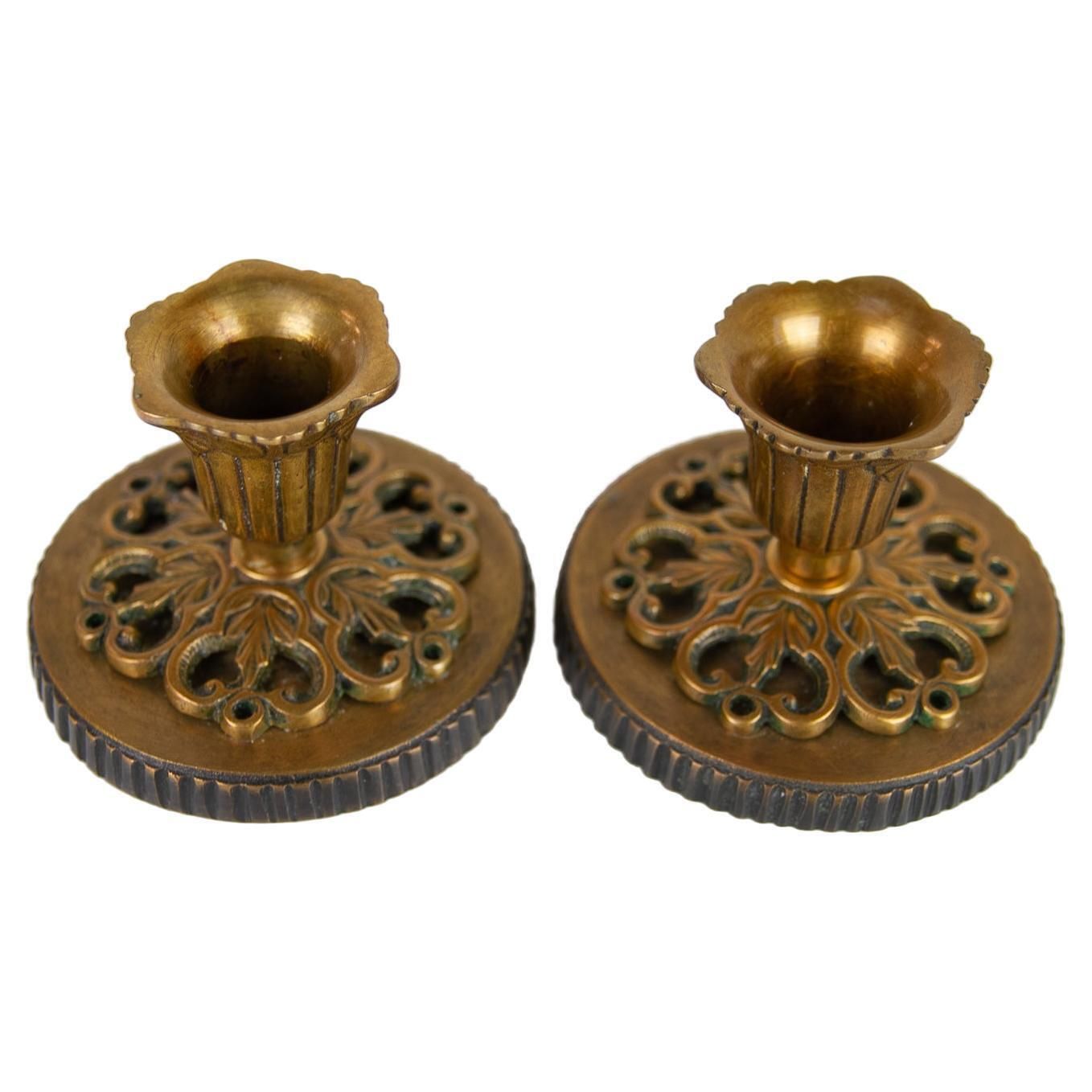 Vintage Danish Art Nouveau Bronze Candleholders, 1930s. Set Of 2.