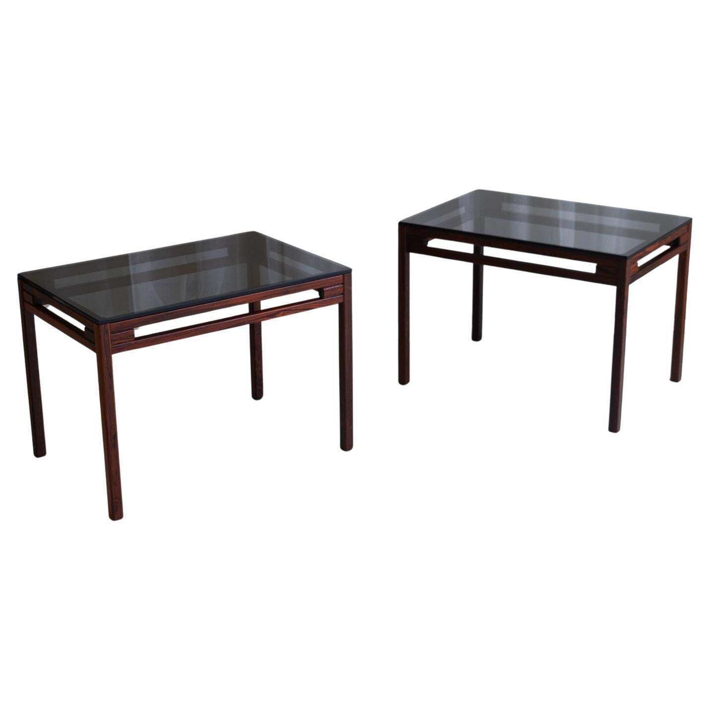 Danish Modern Side Tables In Rosewood And Glass, 1960s. Set Of 2.