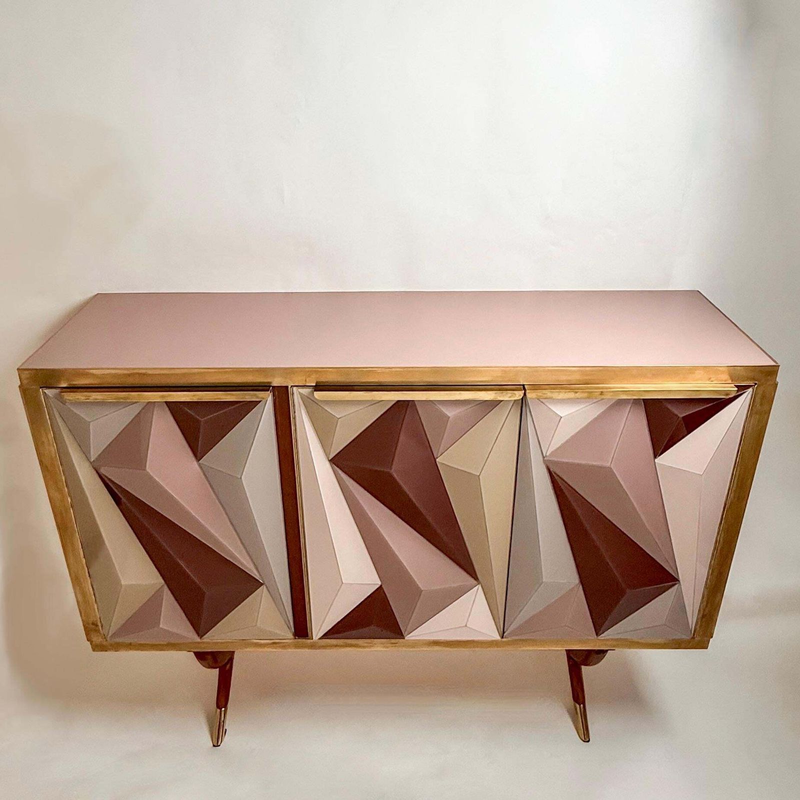 Mid Century Modern Cherry Wood Brass & Three Dimensional Opaline Glass Cabinet photo furniture