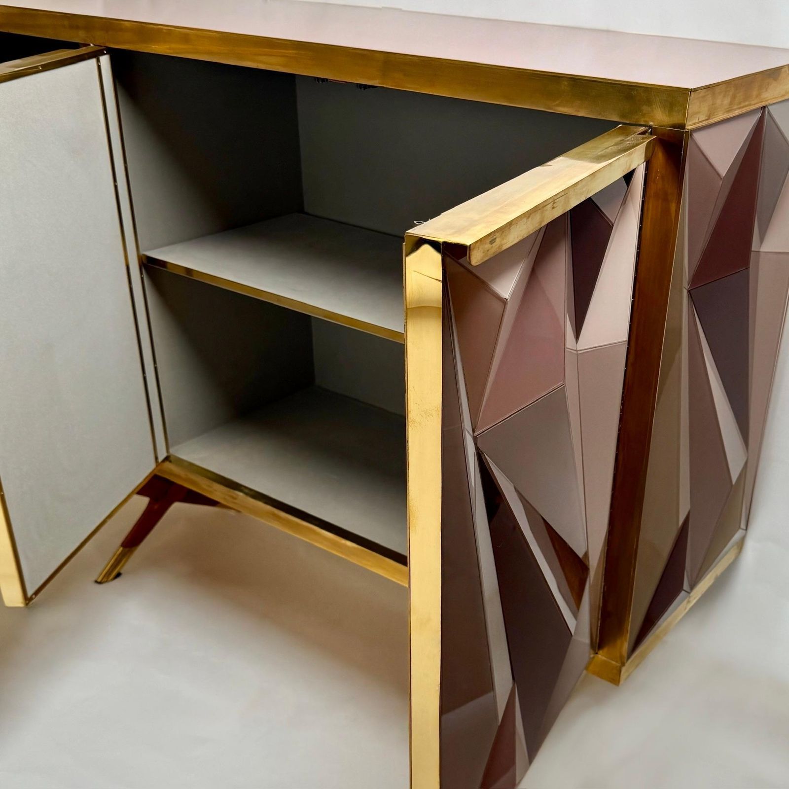 Mid Century Modern Cherry Wood Brass & Three Dimensional Opaline Glass Cabinet photo 16297.0