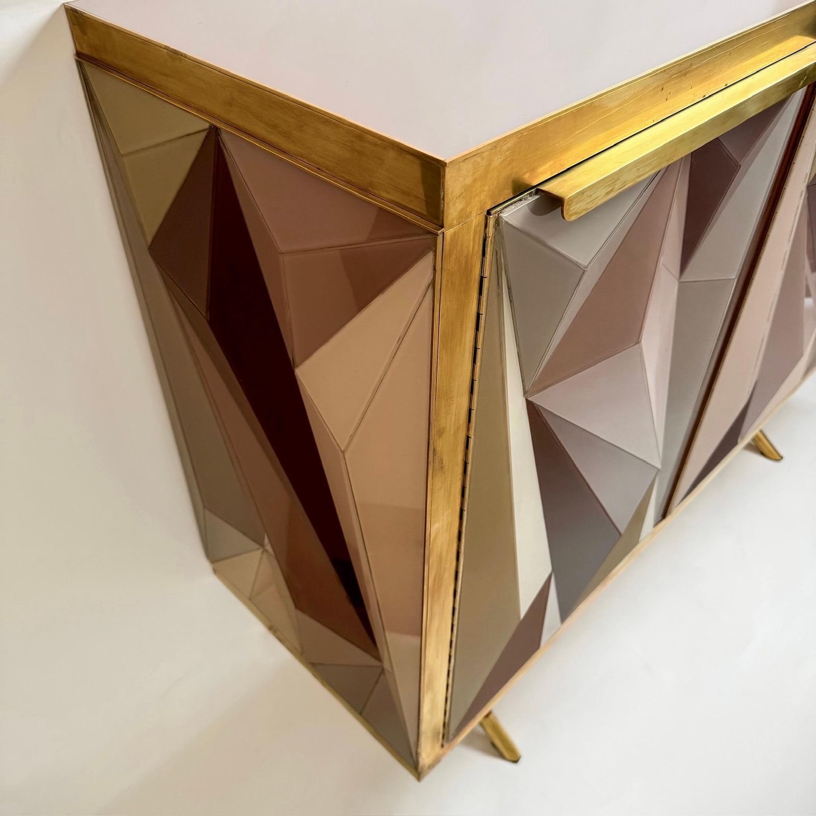 Mid Century Modern Cherry Wood Brass & Three Dimensional Opaline Glass Cabinet photo buy