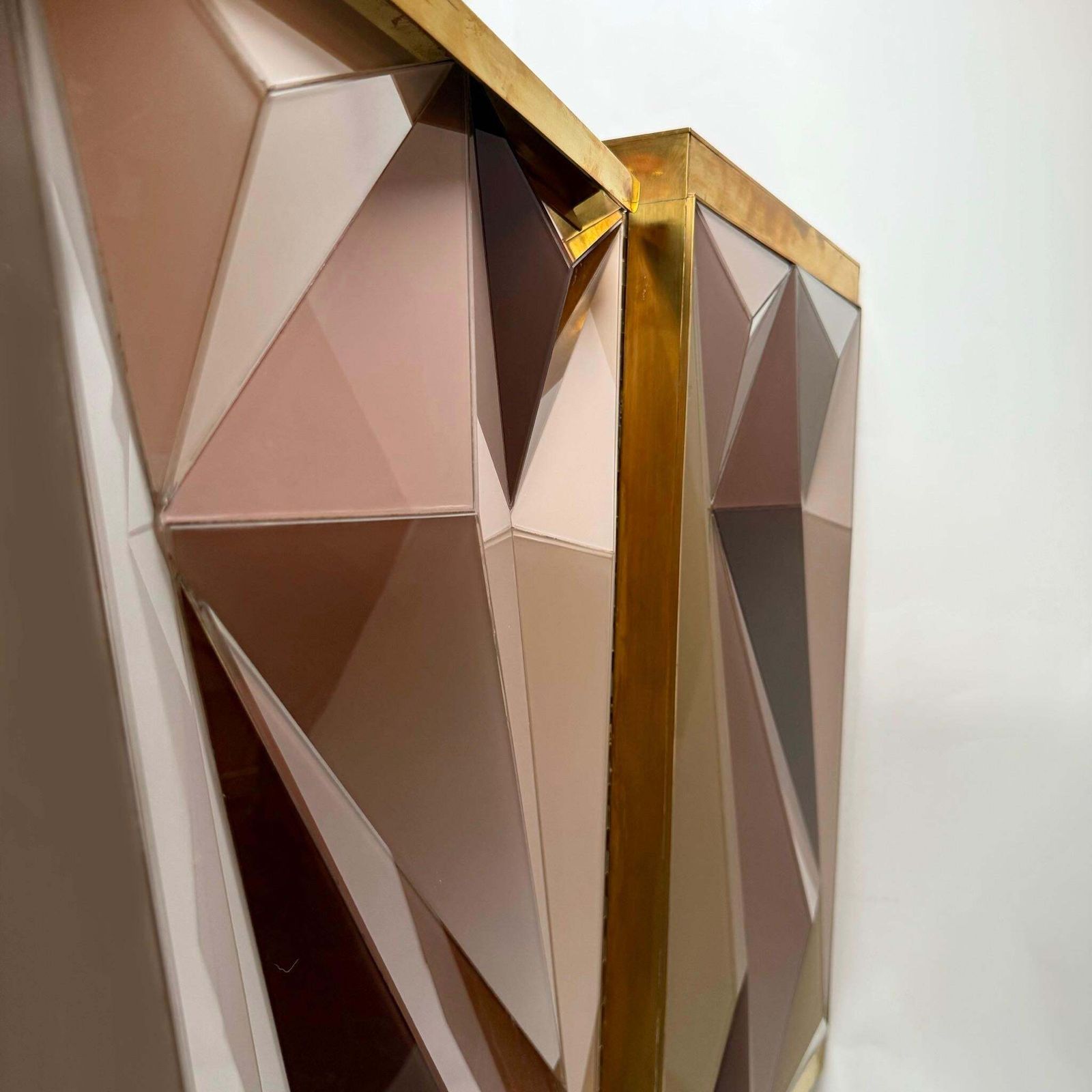 photo furniture Mid Century Modern Cherry Wood Brass & Three Dimensional Opaline Glass Cabinet