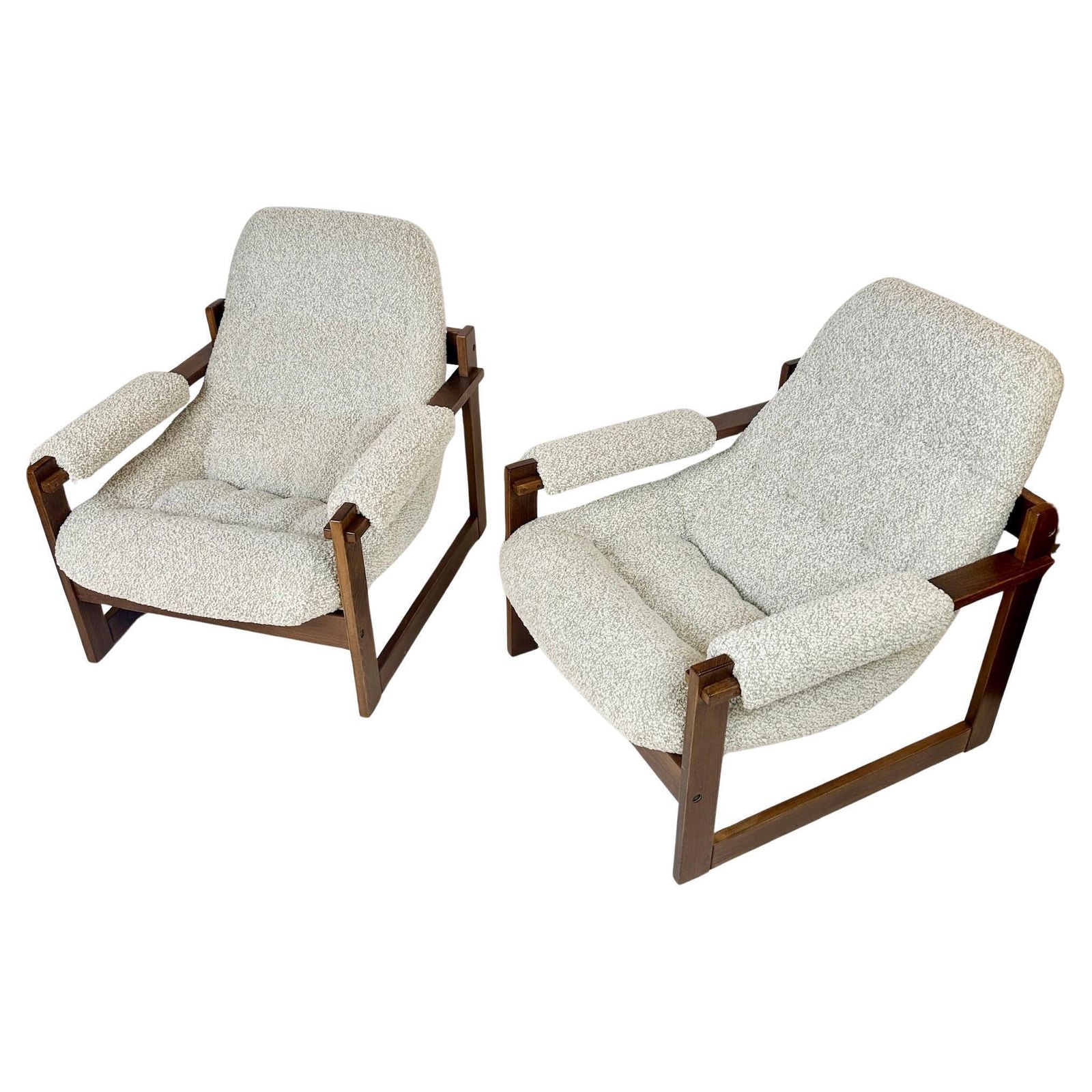 Pair Of Brazilian Wood & Beige Wool Bouclè Mp 163 Earth Chairs By Percival Lafer