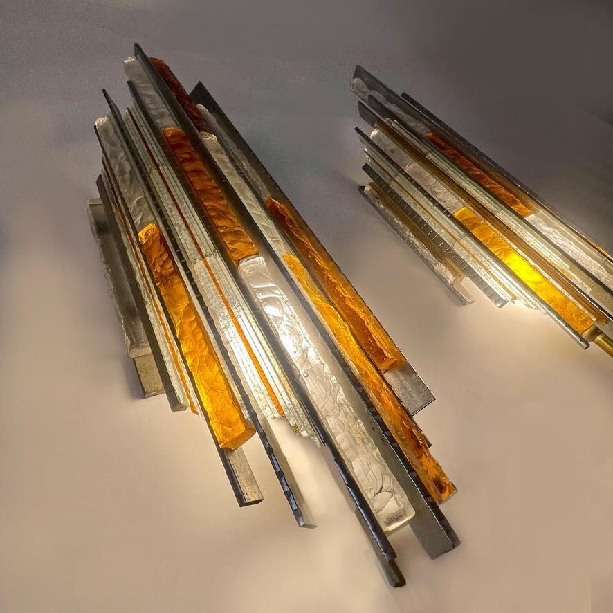 Late 20th Century Pair Of Brutalist Iron & Glass Sconces By A. Poli For Poliarte photo furniture