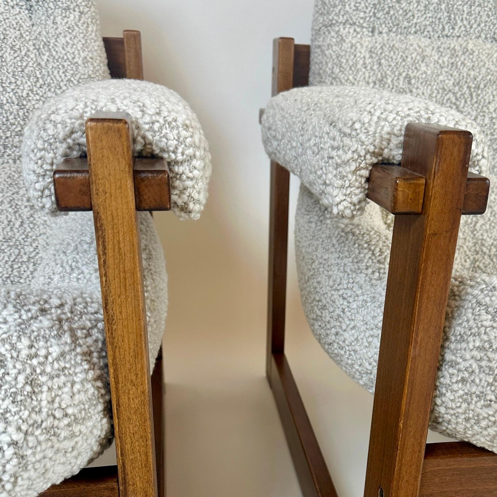 Pair Of Brazilian Wood & Beige Wool Bouclè Mp 163 Earth Chairs By Percival Lafer photo buy