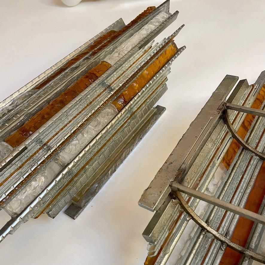 Late 20th Century Pair Of Brutalist Iron & Glass Sconces By A. Poli For Poliarte photo for sale