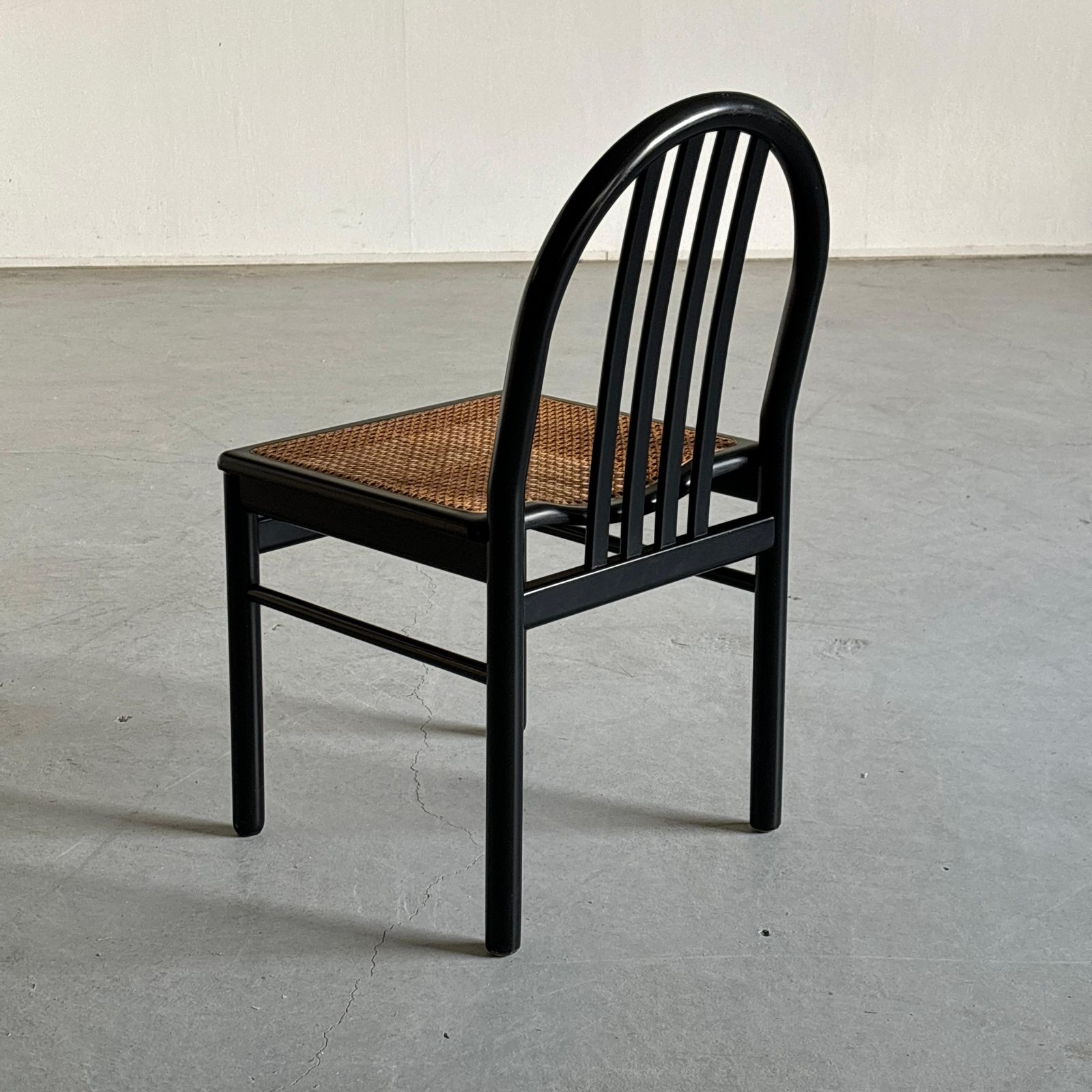 Vintage Mid Century Dining Chairs In Black Lacquered Wood And Cane, 1980s Italy photo for sale