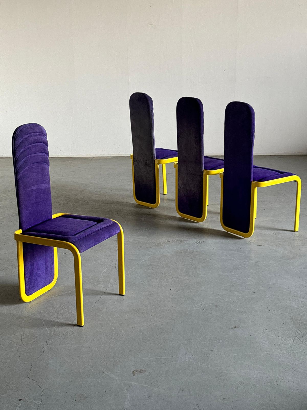 Set Of 4 Memphis Style Postmodern Dining Chairs In Purple And Yellow photo Furniture