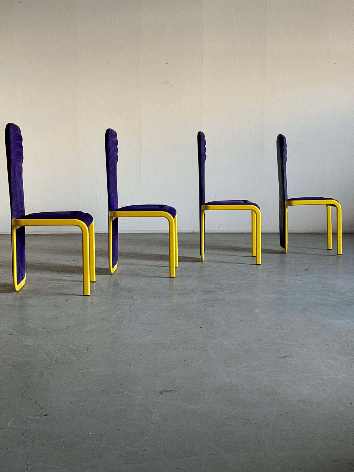 Set Of 4 Memphis Style Postmodern Dining Chairs In Purple And Yellow photo vinterior