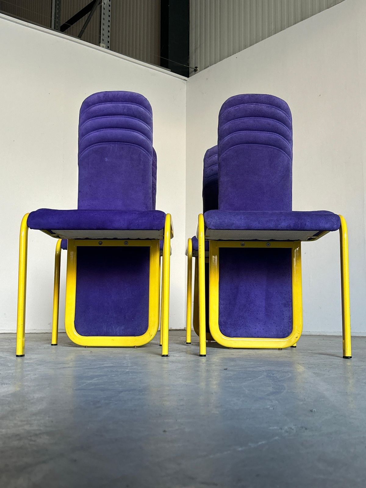 Set Of 4 Memphis Style Postmodern Dining Chairs In Purple And Yellow photo buy