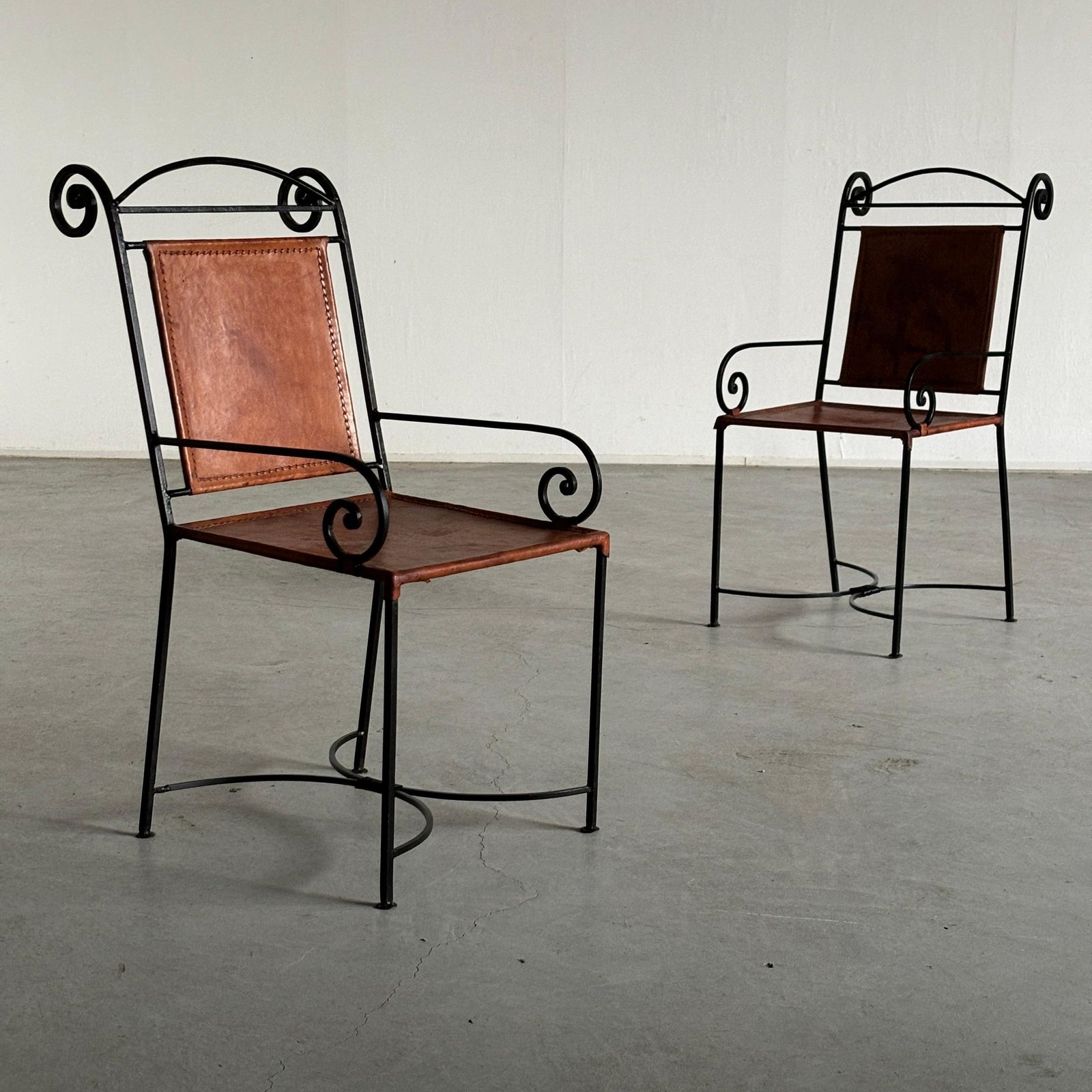 1 Of 2 French Artisanal Wrought Iron And Cognac Leather Swirl Armchairs, 1980s photo for sale