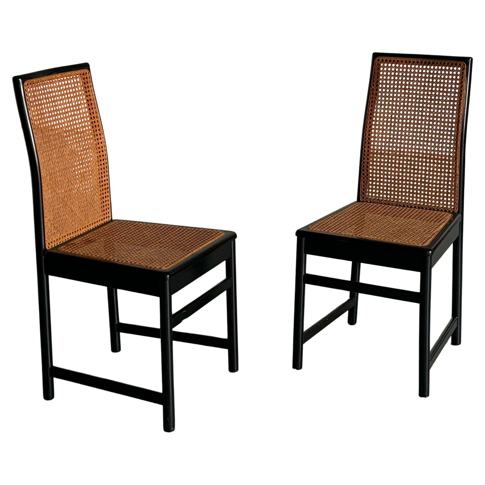 Pair Of Vintage Mid Century Dining Chairs In Black Lacquered Wood & Cane, Italy