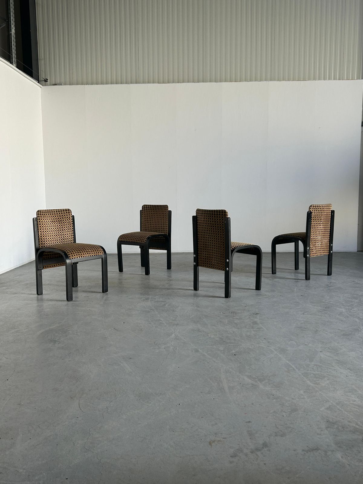 Set Of 4 Italian Sculptural Lacquered Bentwood Dining Chairs, Geometric Pattern photo for sale