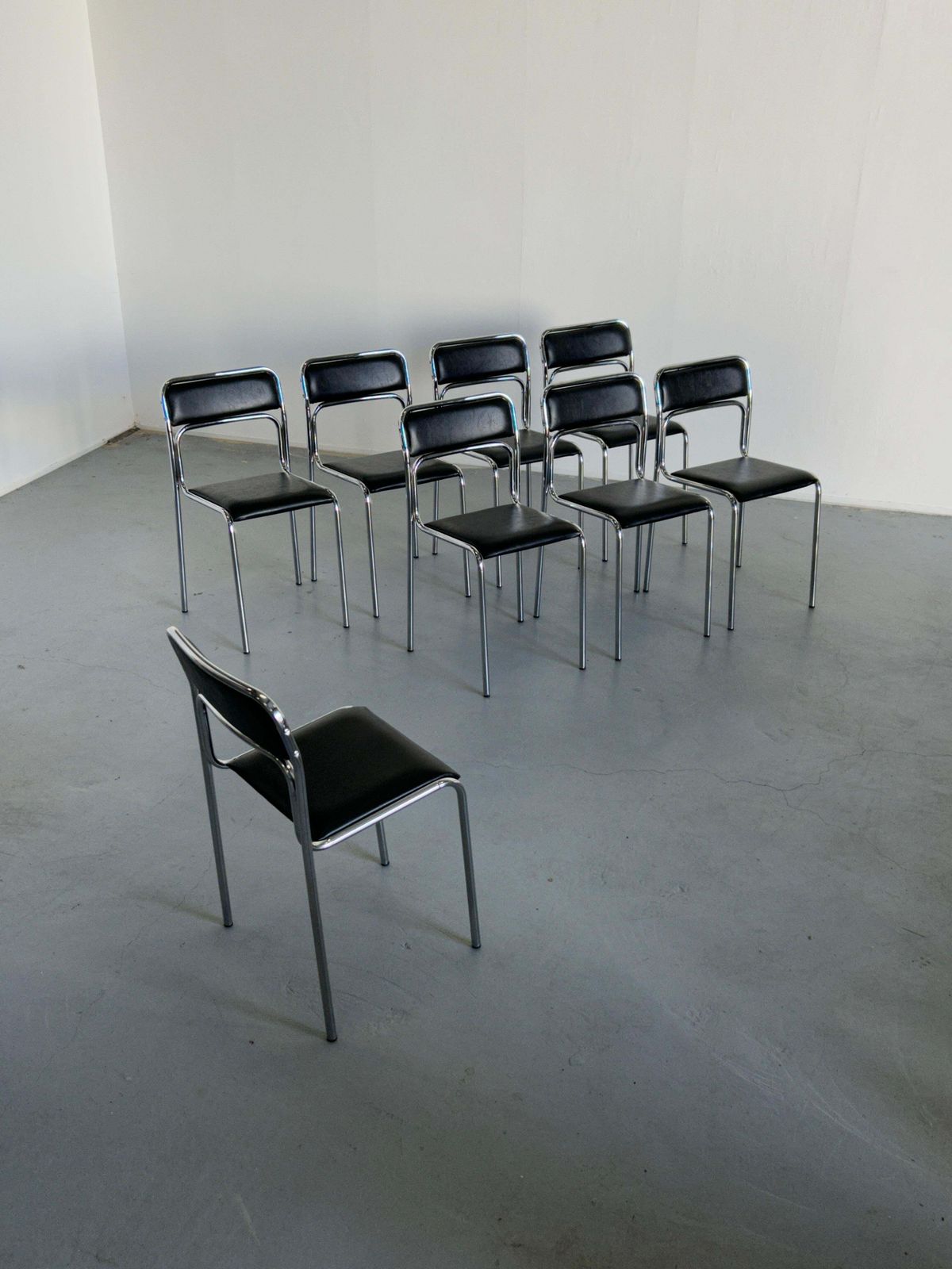 1 Of 8 Bauhaus Chrome Tubular Steel And Black Faux Leather Chairs, 1980s Italy photo Furniture