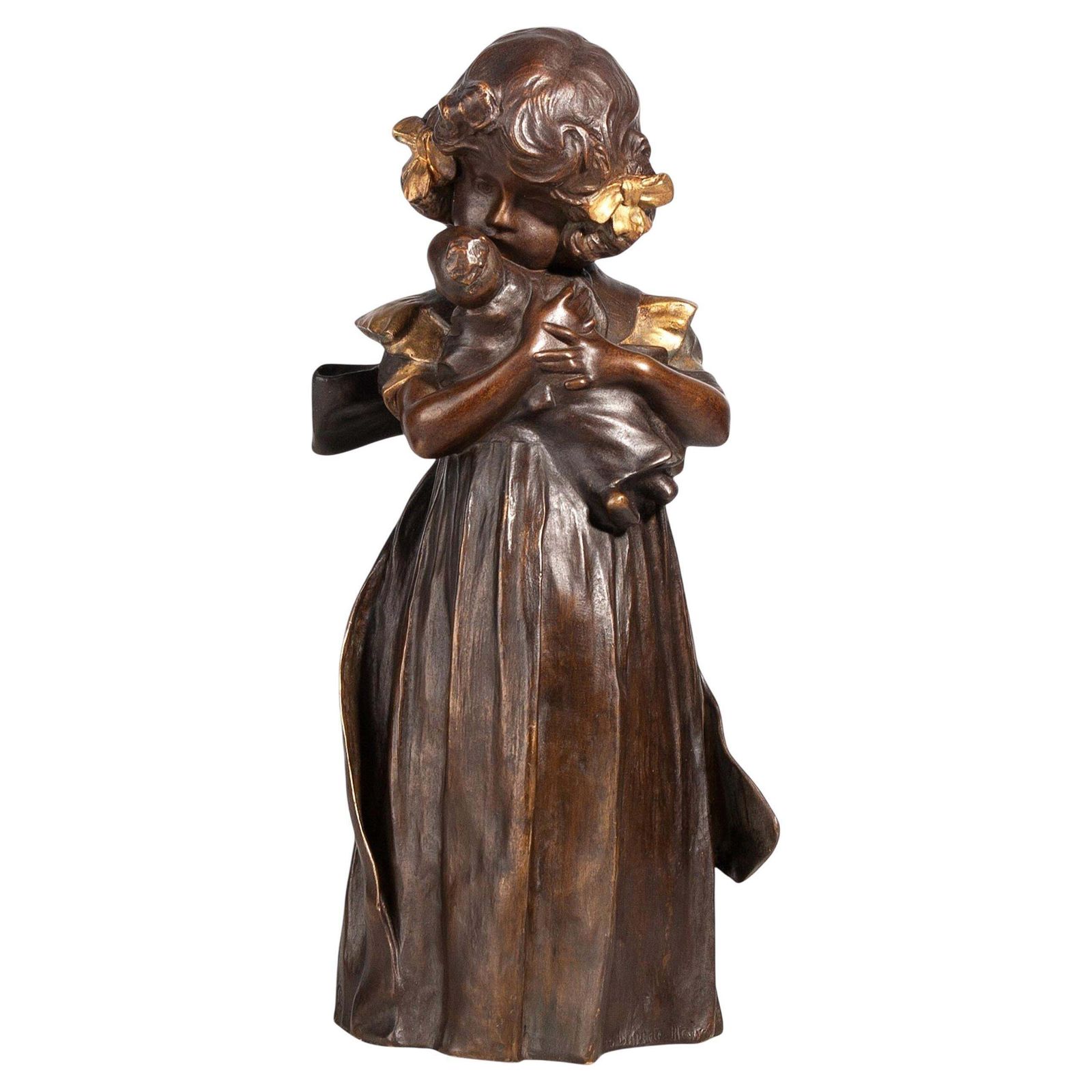 1900s Art Nouveau Bronze Sculpture Of A Girl With A Doll By Leo Laporte Blairsy, France