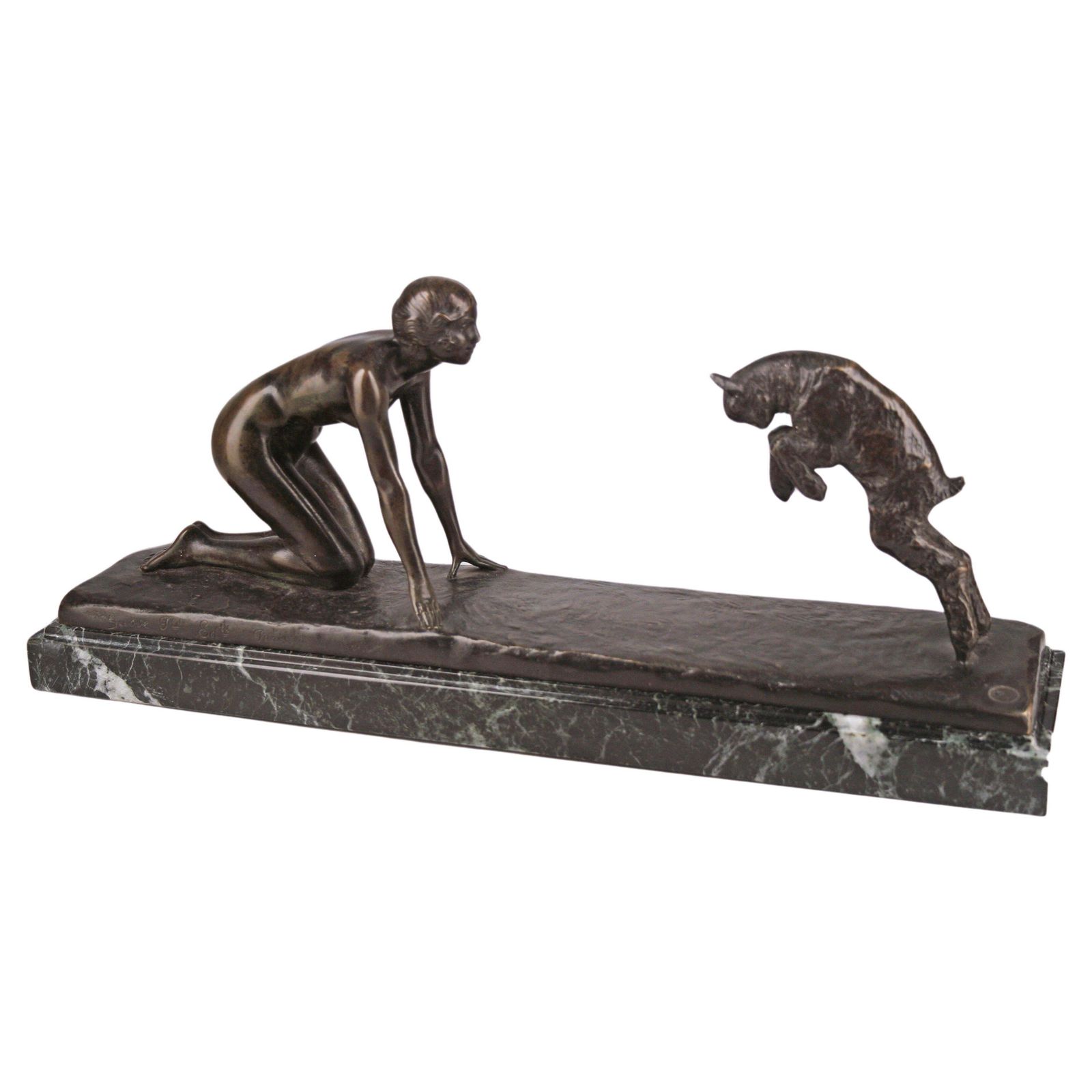 Art Déco Patinated Bronze Sculpture Of A Girl And A Jumping Goat With Marble Base By Paul Silvestre For Susse Frères