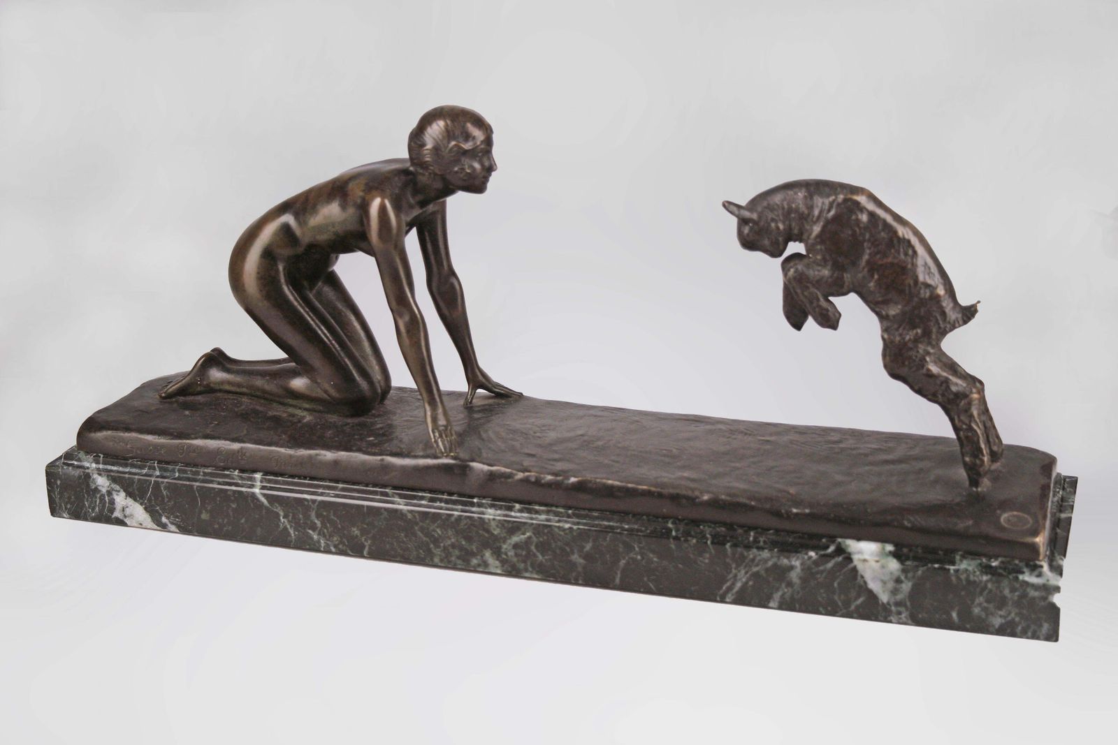 Art Déco Patinated Bronze Sculpture Of A Girl And A Jumping Goat With Marble Base By Paul Silvestre For Susse Frères photo furniture