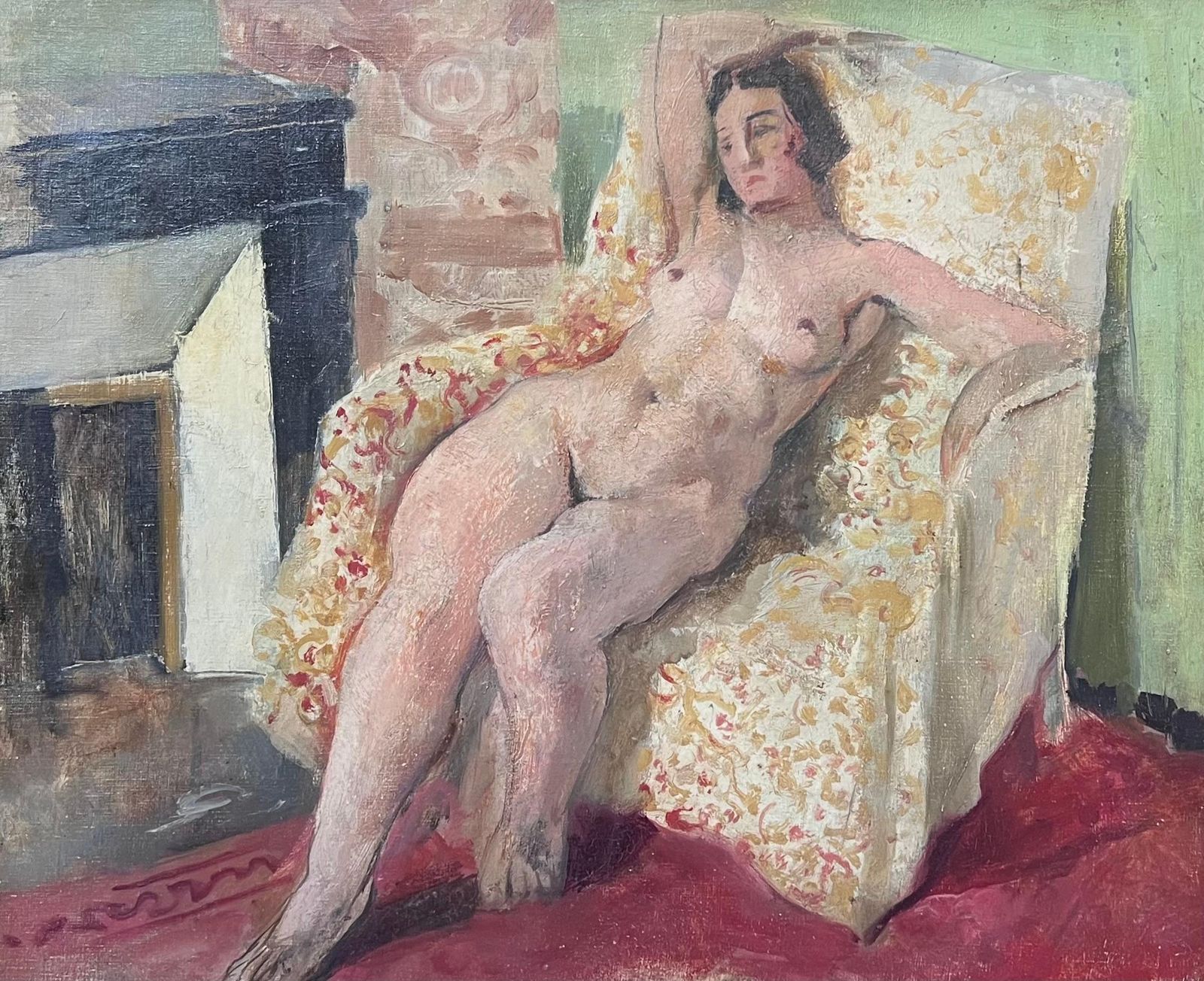 1920's French Post Impressionist Oil Painting Nude Woman In Pink Interior Room