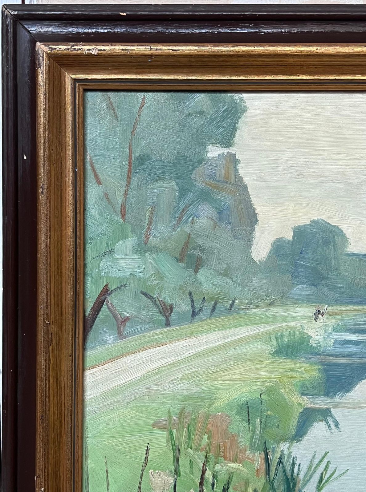 French School1940's French Modernist Signed Oil Painting Sludgy Green Moody River Landscape1946 photo vintage