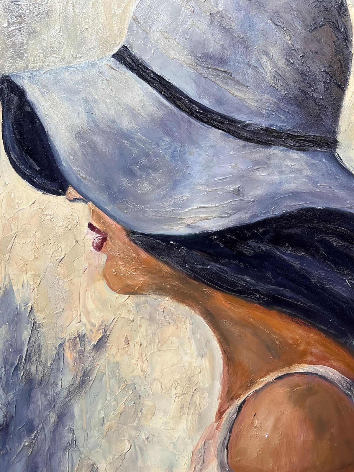 French School20th Century French Oil Painting Profile Portrait Lady In Lilac Hat photo Art